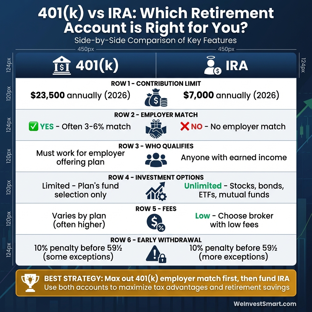 Side-by-side comparison chart of 401(k) versus IRA retirement accounts showing contribution limits, employer match, investment options, fees, and withdrawal rules to help decide which retirement account is best