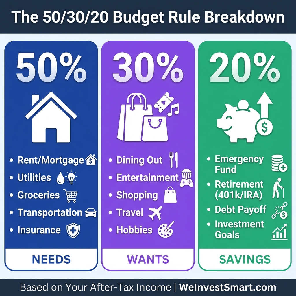 The 50/30/20 Budget Rule breakdown showing 50% for Needs, 30% for Wants, and 20% for Savings with examples of each category