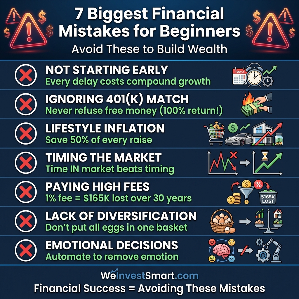 7 Biggest Financial Mistakes for Beginners checklist infographic summarizing all mistakes to avoid
