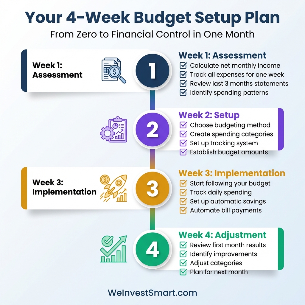 4-week budget setup plan timeline showing assessment, setup, implementation, and adjustment phases with actionable checklist for each week