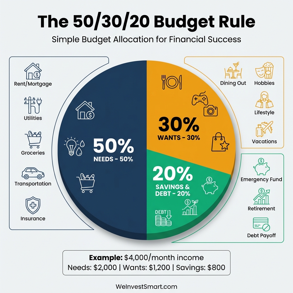 50/30/20 budget rule breakdown showing 50% for needs, 30% for wants, and 20% for savings and debt with example calculations
