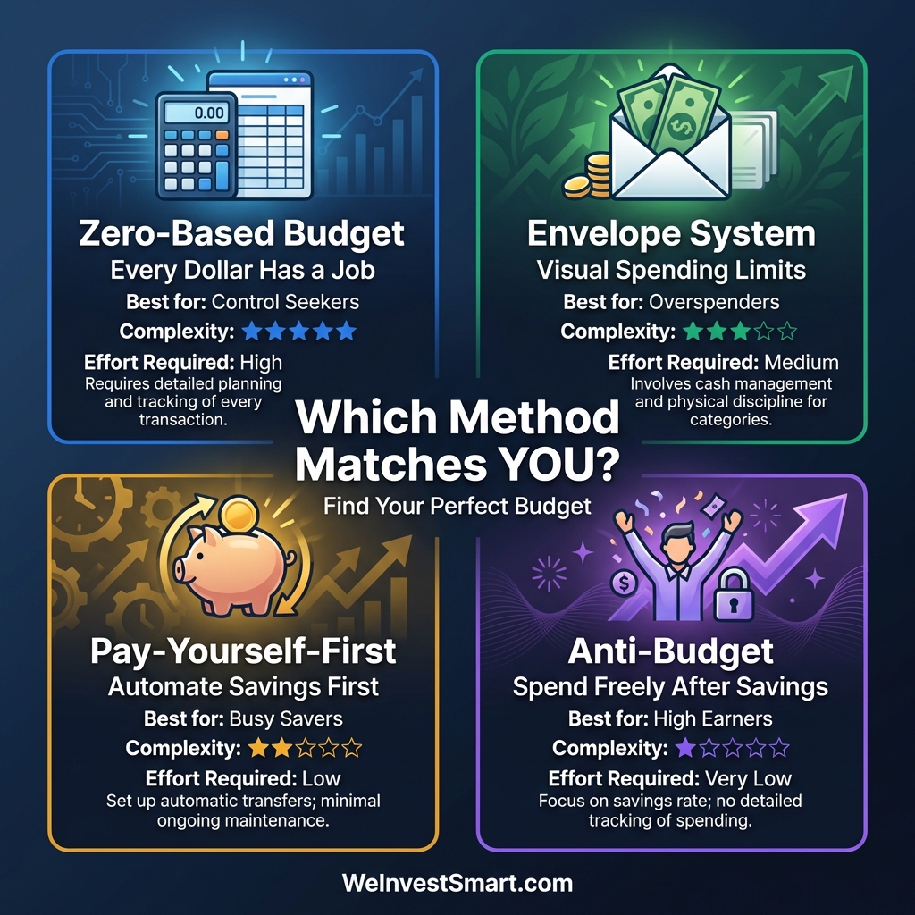 Comparison of 5 popular budgeting methods: 50/30/20 rule, zero-based budgeting, envelope method, pay yourself first, and 80/20 budget with pros, cons, and complexity ratings