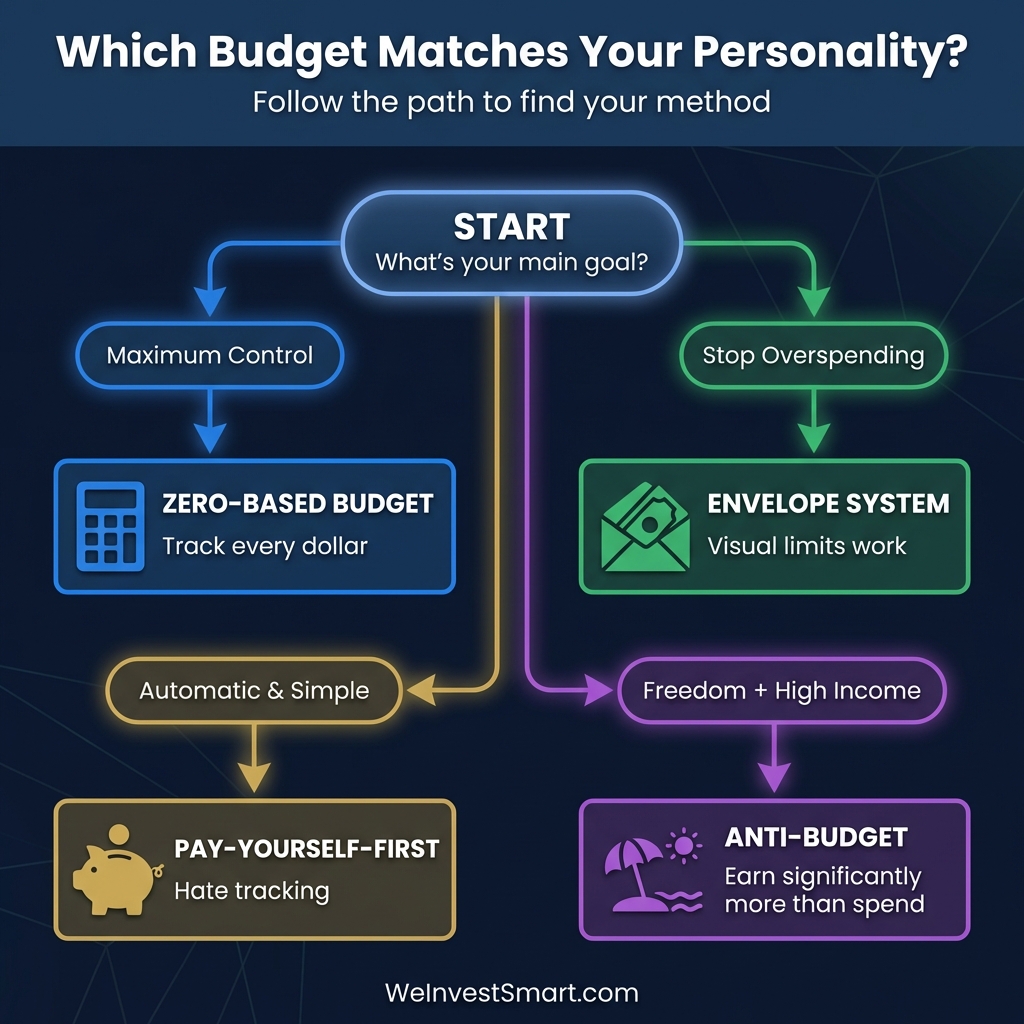 Decision tree flowchart showing which budgeting method matches your personality based on your goals: Maximum Control leads to Zero-Based Budget, Stop Overspending to Envelope System, Automatic & Simple to Pay-Yourself-First, and Freedom + High Income to Anti-Budget