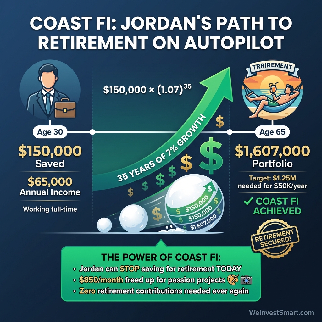 Coast FI case study showing Jordan's path from $150,000 at age 30 to $1,607,000 at age 65 through compound growth without additional contributions