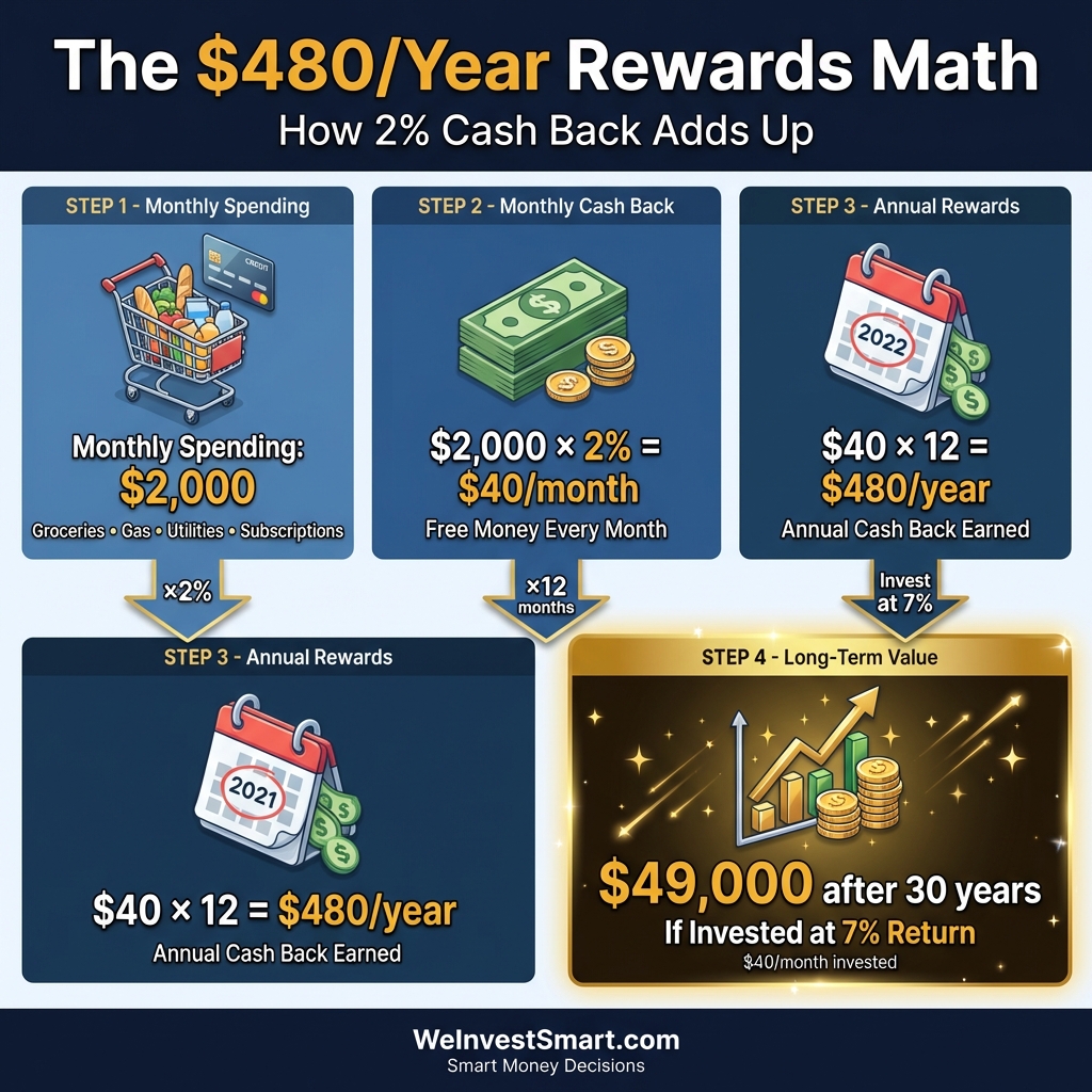 Credit card rewards math breakdown showing how 2% cash back adds up to $480 per year and $49,000 when invested