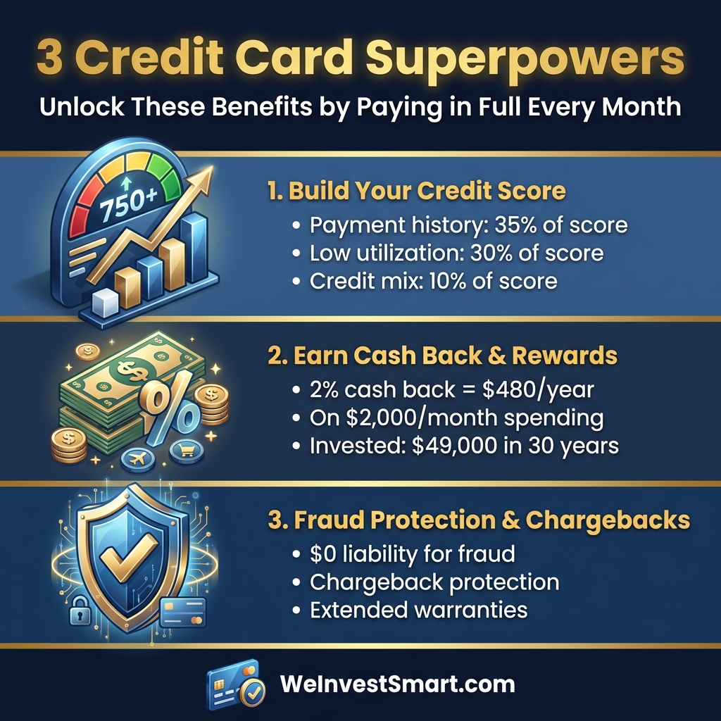 3 Credit Card Superpowers infographic showing credit building, cash back rewards, and fraud protection benefits