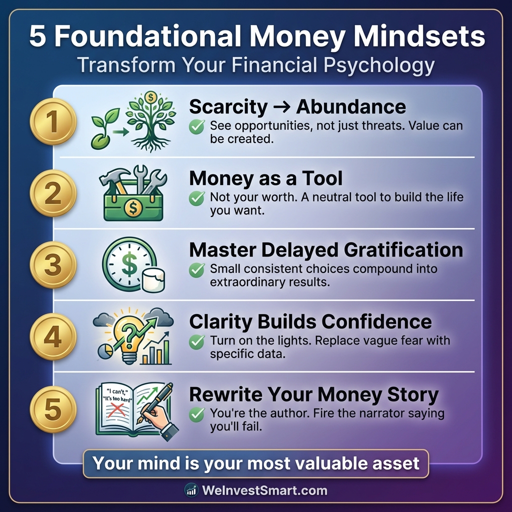 5 Foundational Money Mindsets summary checklist infographic: 1) Scarcity to Abundance, 2) Money as a Tool, 3) Master Delayed Gratification, 4) Clarity Builds Confidence, 5) Rewrite Your Money Story - transform your financial psychology