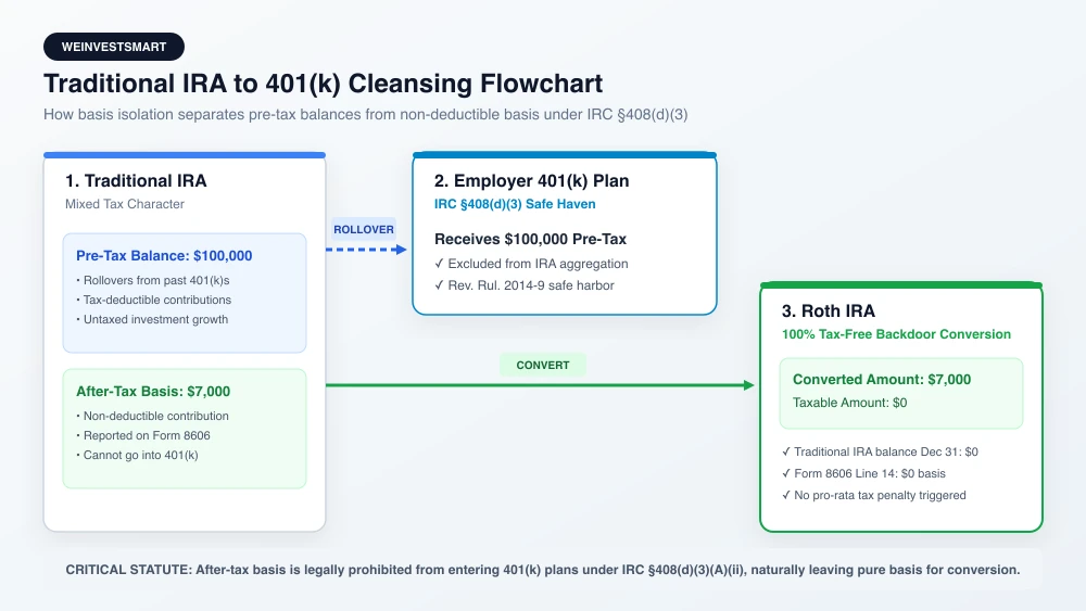 Flowchart illustrating how a reverse rollover isolates pre-tax assets into a 401(k) while keeping after-tax basis in an IRA for tax-free Roth conversion