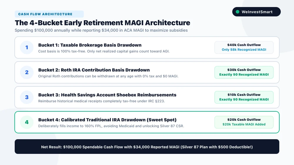 Flowchart illustrating the four-bucket withdrawal architecture for early retirees to spend six figures while maintaining low ACA MAGI