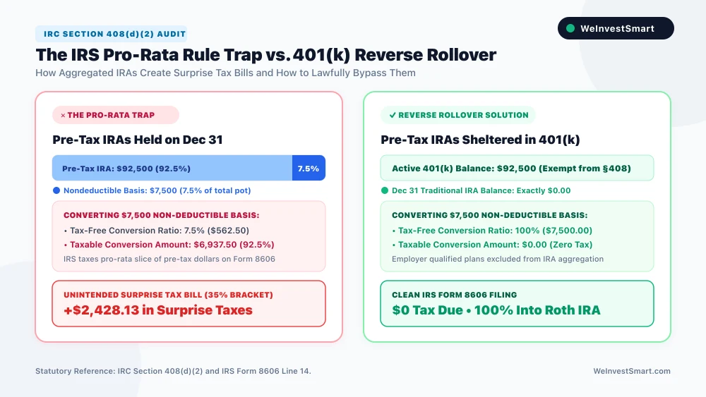 Diagram illustrating the IRS pro-rata rule aggregation trap under IRC Section 408(d)(2) versus the 401k reverse rollover solution
