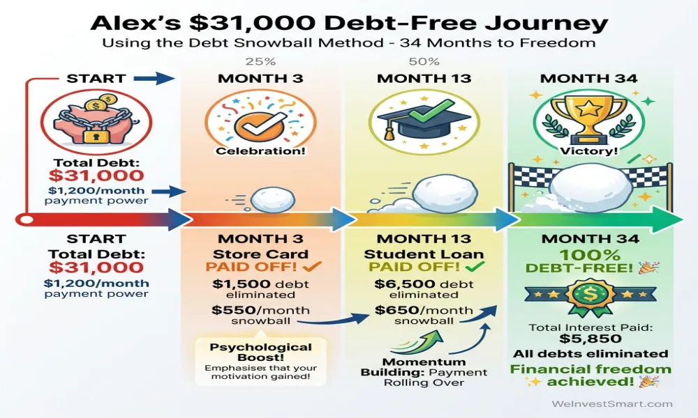 Infographic: Alex's 34-month debt-free journey timeline showing progression from $31,000 total debt through milestone victories at months 3, 13, and final debt freedom at month 34, with snowball payments growing from $550 to $1,200 monthly