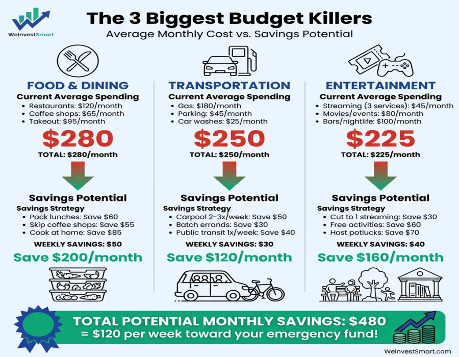 Infographic: The 3 biggest budget killers comparison chart showing food and dining ($280/month), transportation ($250/month), and entertainment ($225/month) with savings strategies and potential monthly savings up to $480