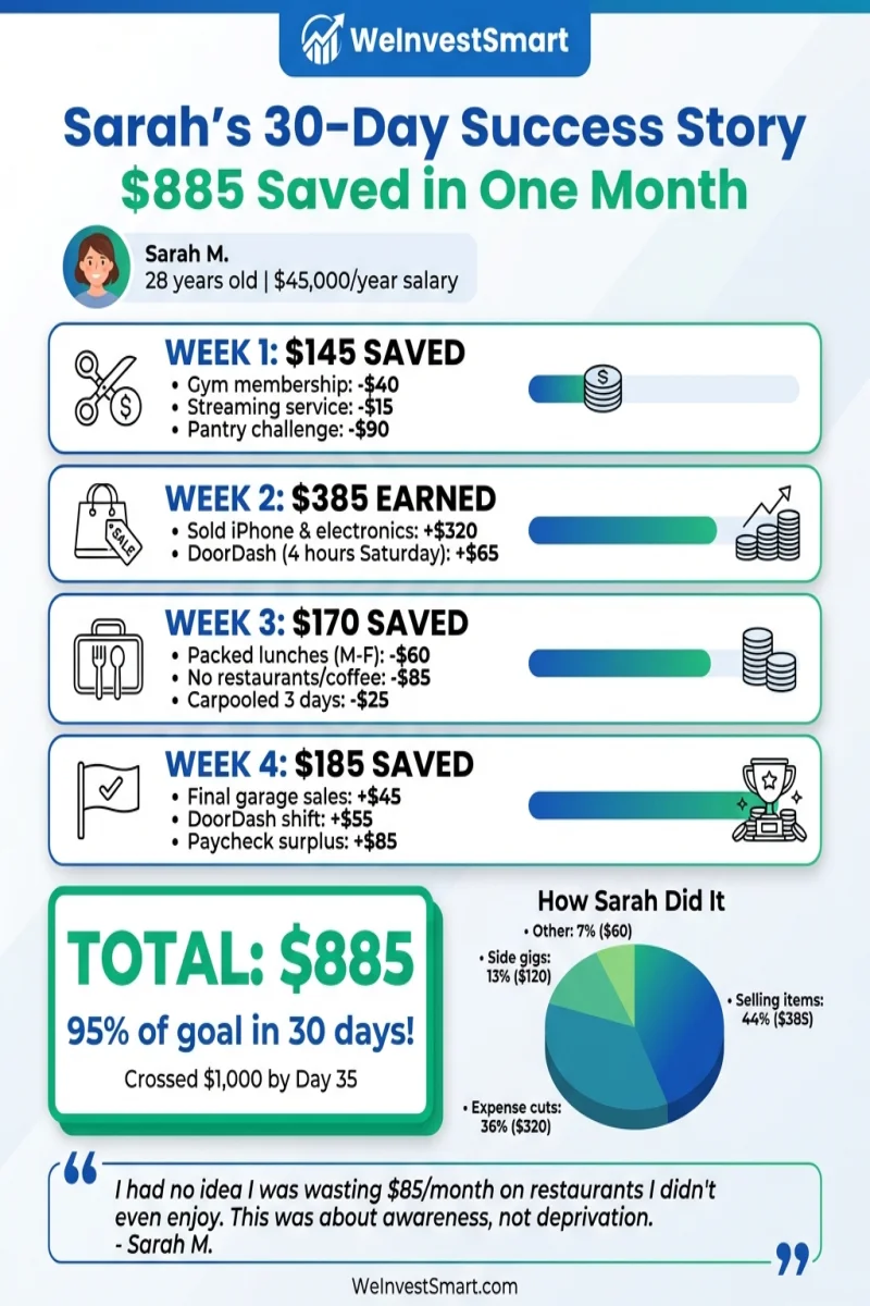 Infographic: Sarah's 30-day emergency fund success story with week-by-week breakdown showing $885 saved through expense cuts, selling items, and side hustles, plus pie chart of savings sources