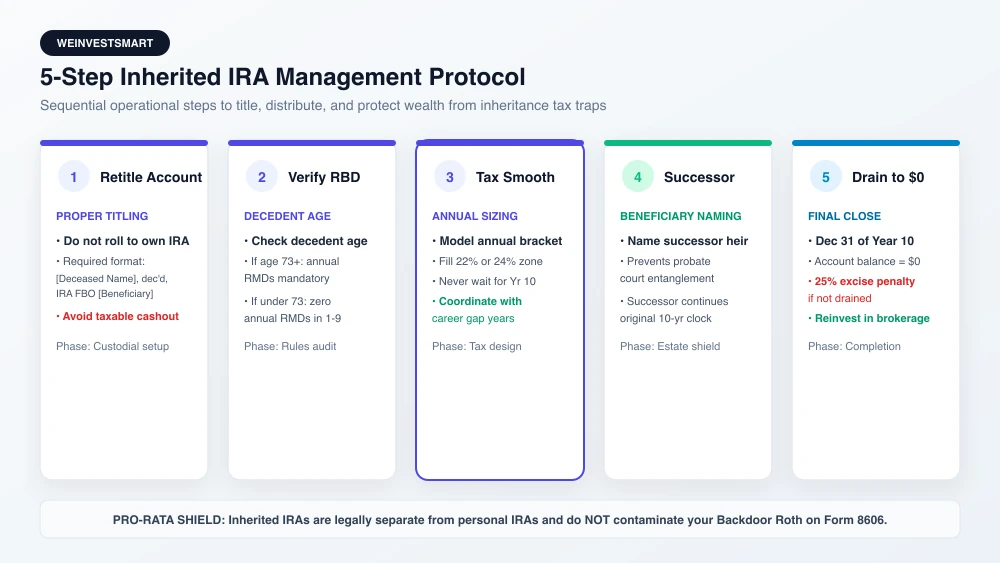 Five-step protocol for managing an inherited IRA showing account retitling, decedent age verification, tax smoothing planning, successor naming, and Year 10 liquidation
