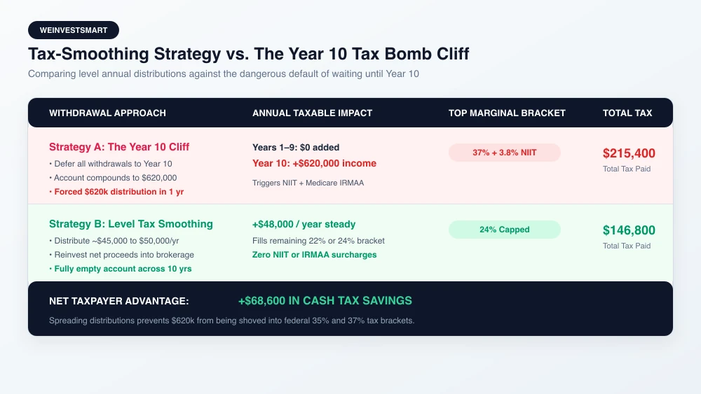 Chart comparing level annual tax-smoothing distributions against the Year 10 tax cliff spike that triggers top marginal brackets and surcharges
