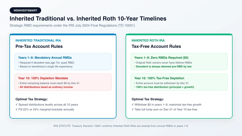 Comparison diagram of Inherited Traditional IRA with annual taxable RMDs versus Inherited Roth IRA with zero RMDs in years 1-9 and tax-free compounding
