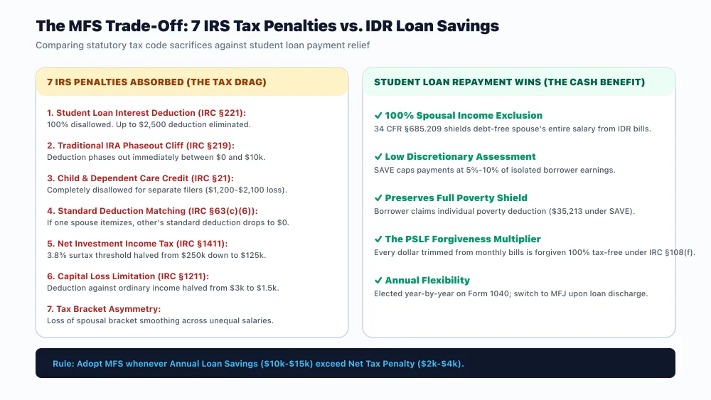 Comparison matrix showing the seven primary IRS tax penalties triggered by Married Filing Separately compared against student loan savings