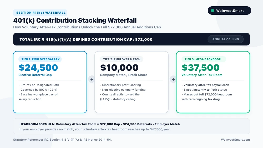 Waterfall chart showing 401k contribution stacking: $24,500 elective deferral plus employer match plus voluntary after-tax contributions totaling $72,000