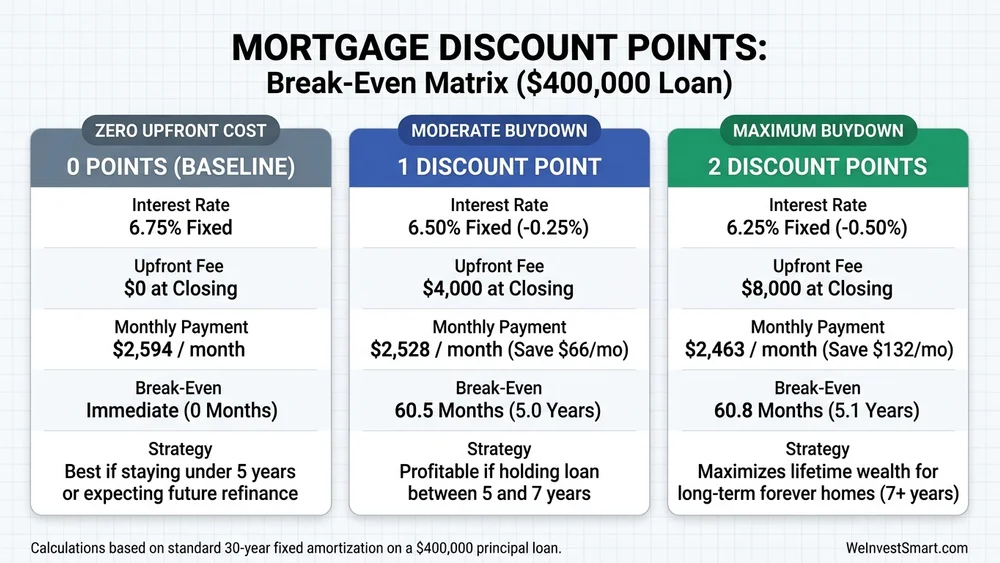 Mortgage discount points break-even matrix comparing points, costs, interest rate reductions, and monthly savings