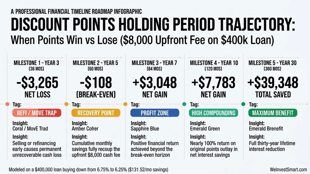 Holding period timeline and cumulative net savings curve comparing zero points, one point, and two points