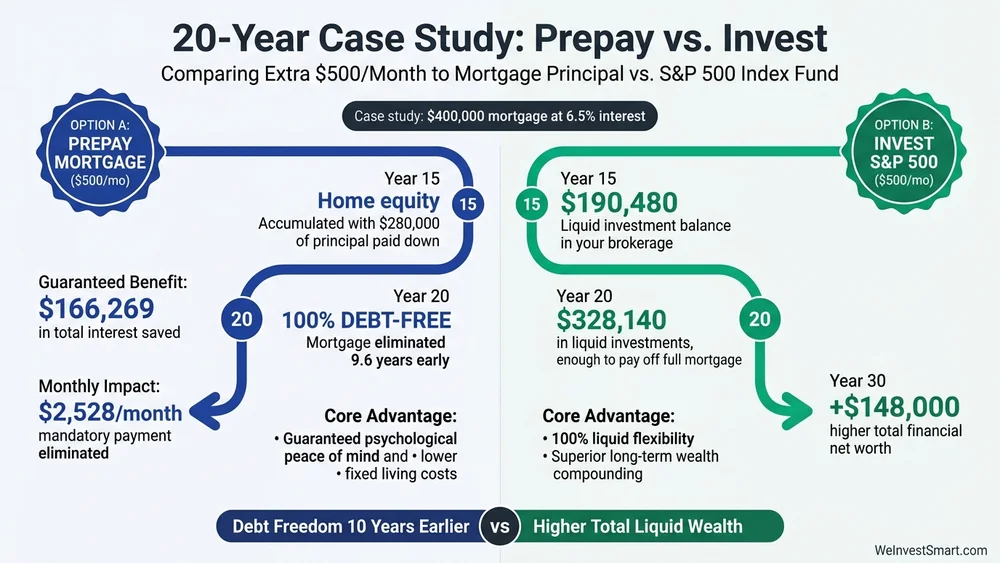 Infographic: 20-Year Case Study comparing prepaying an extra $500 monthly to mortgage principal versus investing $500 monthly in the S&P 500 index fund