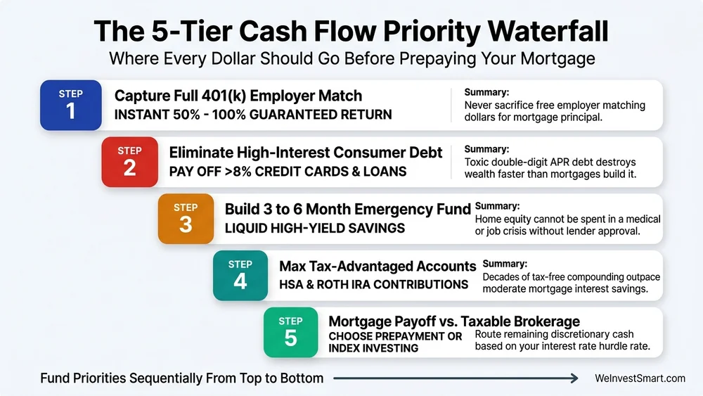Infographic: The 5-Tier Cash Flow Priority Waterfall illustrating the exact order to allocate surplus money before making extra mortgage principal payments