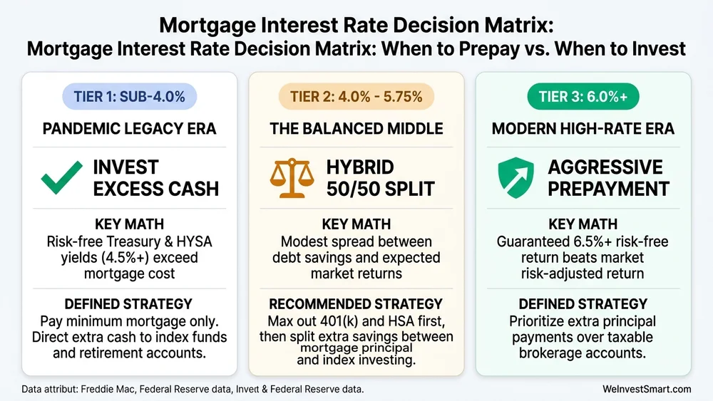 Infographic: Mortgage Interest Rate Decision Matrix comparing sub-4 percent pandemic loans, 4 to 5.75 percent middle tier, and 6 percent plus modern loans with action recommendations