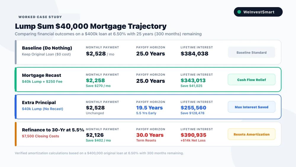 Lump sum $40,000 mortgage trajectory comparing baseline, recast, extra principal, and refinance options