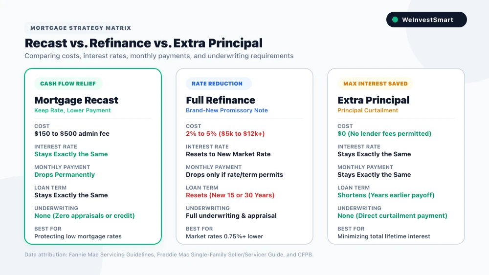 Mortgage recast vs refinance vs extra principal decision matrix comparing costs, rates, and cash flow impacts