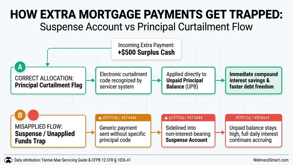 Mortgage payment flow diagram illustrating correct principal curtailment versus misapplied suspense account trap
