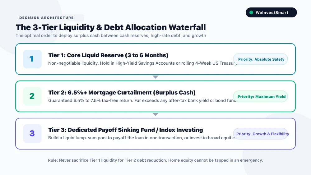 The three-tier liquidity and debt allocation waterfall prioritizing emergency funds, high-rate mortgage curtailment, and sinking funds