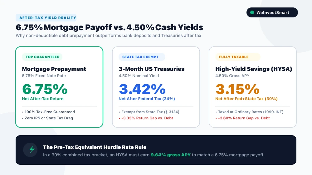 After-tax yield reality comparing 6.75% mortgage payoff vs 4.50% Treasury bills and high-yield savings