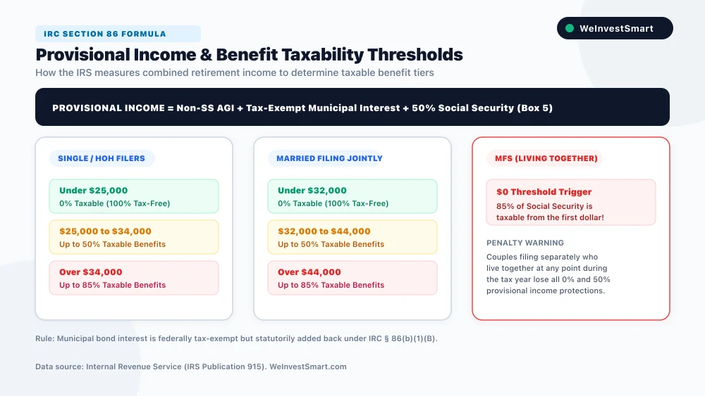 Diagram illustrating the IRS provisional income formula and statutory taxability brackets under IRC Section 86