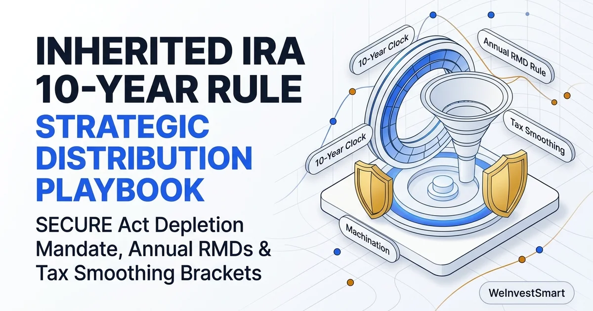 Inherited IRA 10-Year Rule diagram illustrating mandatory annual RMDs, tax smoothing brackets, and 100 percent account depletion timelines