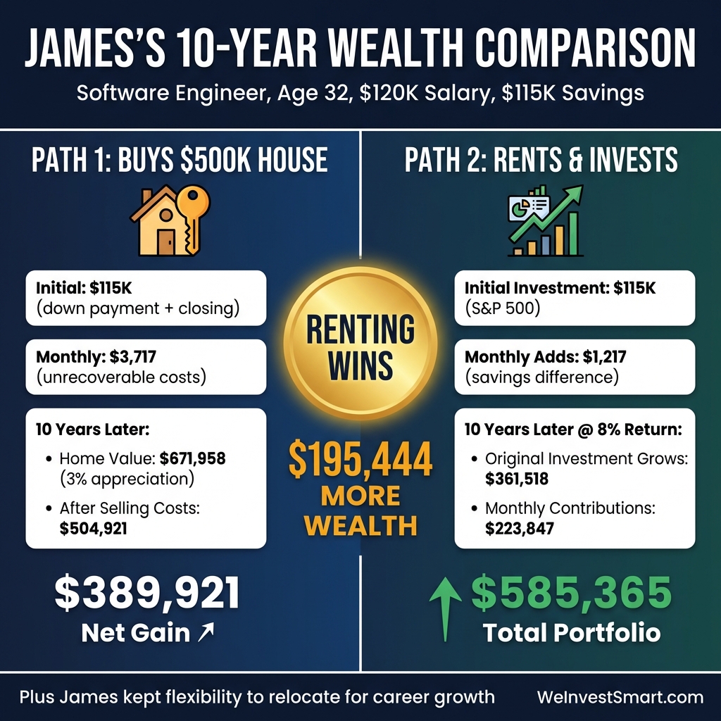 James's 10-year wealth comparison: buying a $500K house yields $389,921 net gain vs. renting and investing yields $585,365 total portfolio, a $195,444 difference