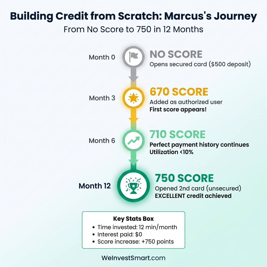 Marcus's 12-month credit building journey timeline from no score to 750 excellent credit, showing key milestones at months 0, 3, 6, and 12