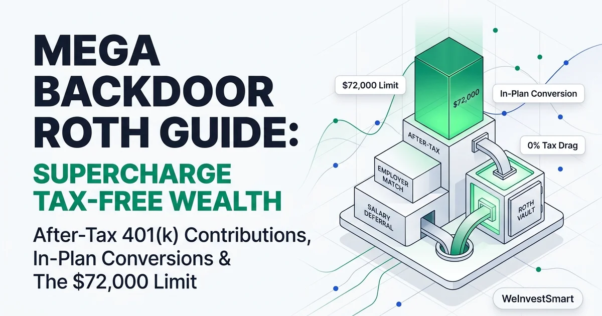 Mega Backdoor Roth diagram illustrating elective salary deferrals, employer match, and voluntary after-tax contributions stacking up to the $72,000 limit