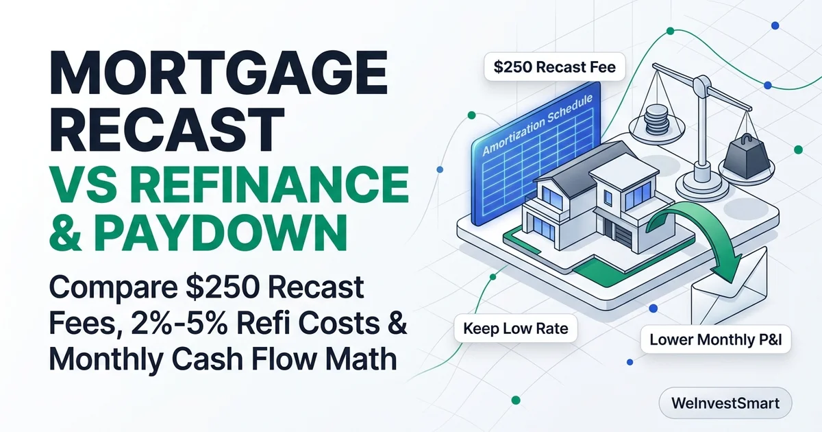 Mortgage Recast vs Refinance vs Principal Paydown comparison of fees, interest rates, and monthly payment savings