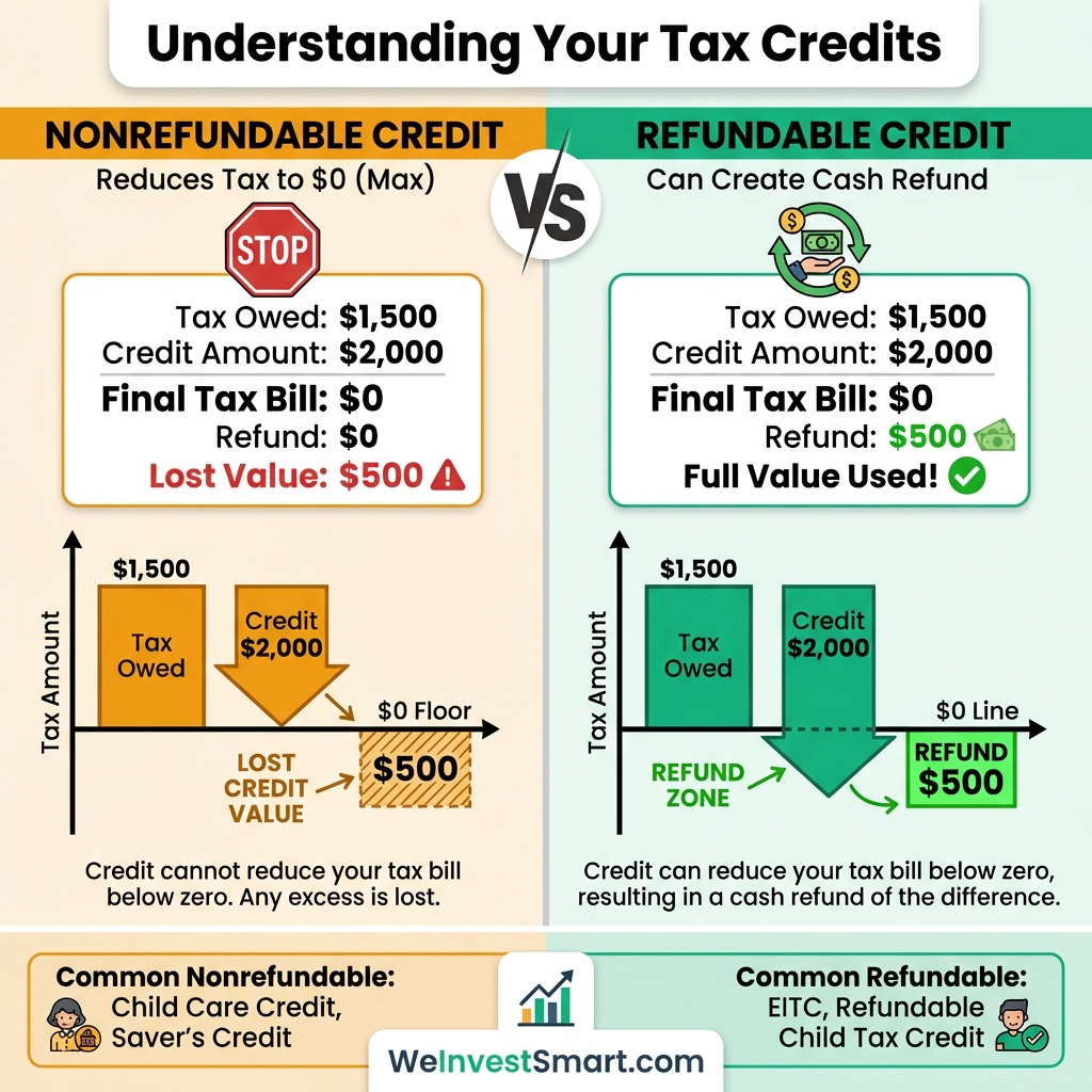Infographic comparing refundable vs nonrefundable tax credits: nonrefundable credits can only reduce tax to $0 (excess $500 is lost), while refundable credits can reduce tax below zero and provide cash refund (excess $500 returned as refund)