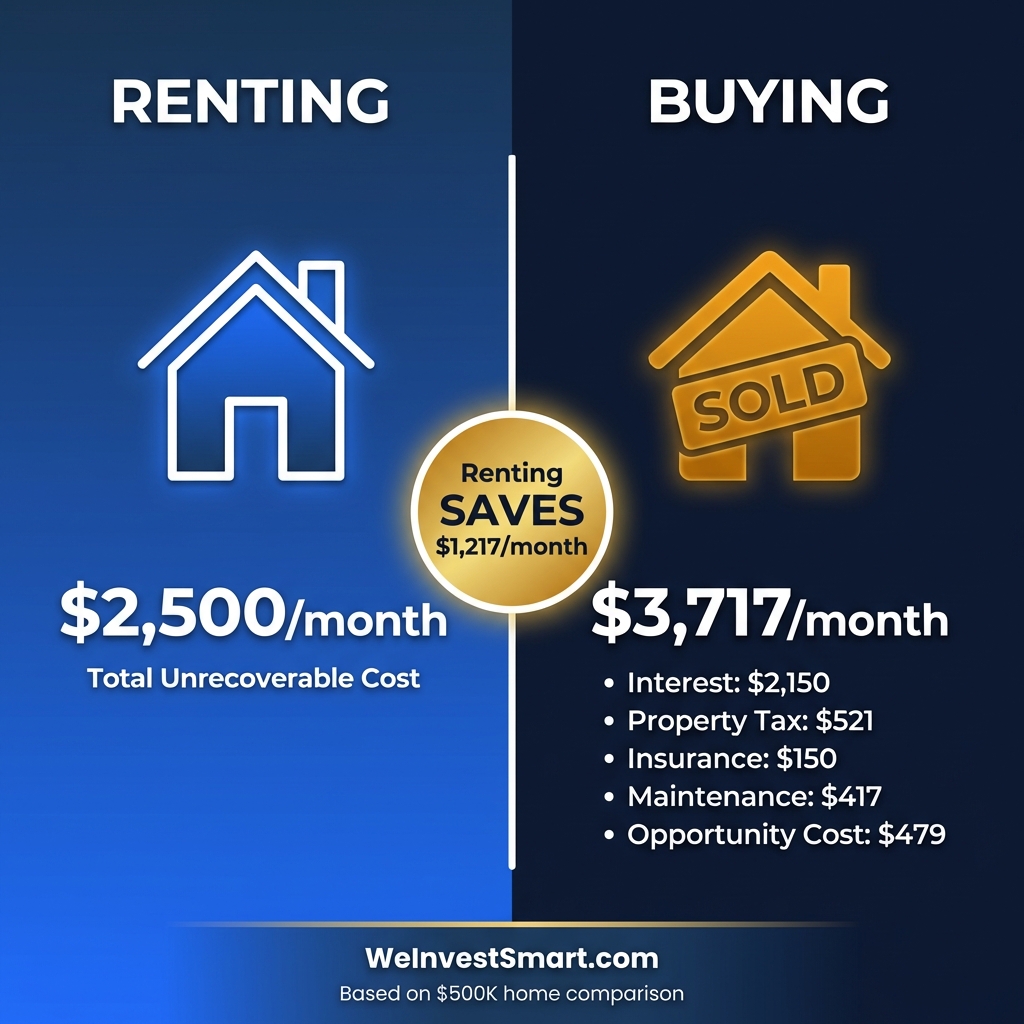 Visual comparison of monthly unrecoverable costs: renting at $2,500/month vs. buying at $3,717/month, showing renting saves $1,217/month