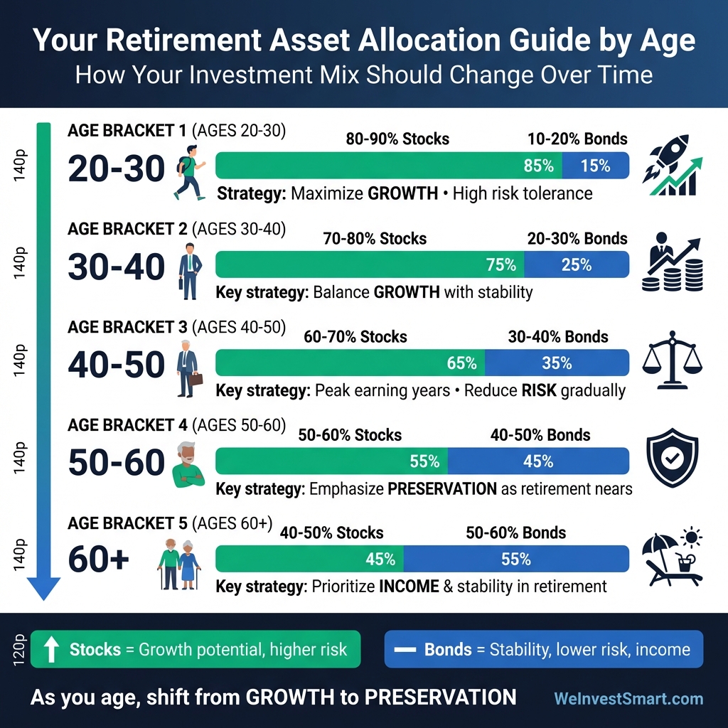Retirement asset allocation guide by age showing recommended stock and bond percentages from ages 20-30 (80-90% stocks) gradually shifting to ages 60+ (40-50% stocks) for optimal retirement planning
