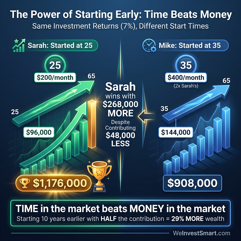 Infographic comparing Sarah who started saving $200/month at age 25 versus Mike who saved $400/month at age 35, showing Sarah accumulated $268,000 more despite contributing $48,000 less, demonstrating the power of starting retirement savings early