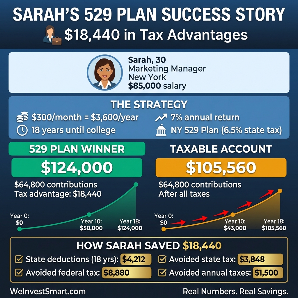 Sarah's 529 plan case study showing $18,440 in total tax advantages from state deductions, avoided federal and state capital gains taxes over 18 years