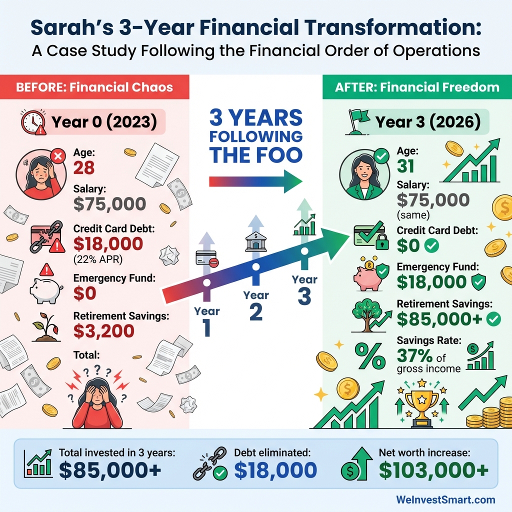 Sarah's 3-year financial transformation showing her journey from $18,000 debt and no savings to $85,000+ in retirement accounts by following the Financial Order of Operations