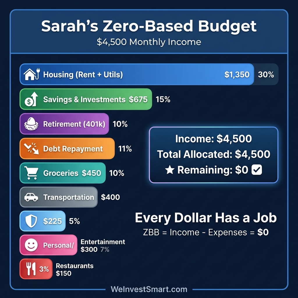 Sarah's Zero-Based Budget breakdown showing $4,500 monthly income allocated across 9 categories with every dollar assigned a specific job, reaching $0 remaining