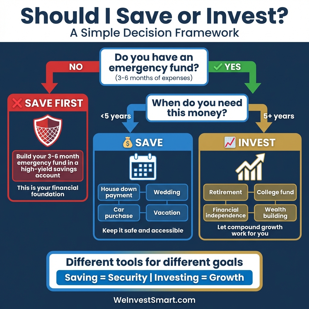 Decision tree flowchart showing when to save versus when to invest