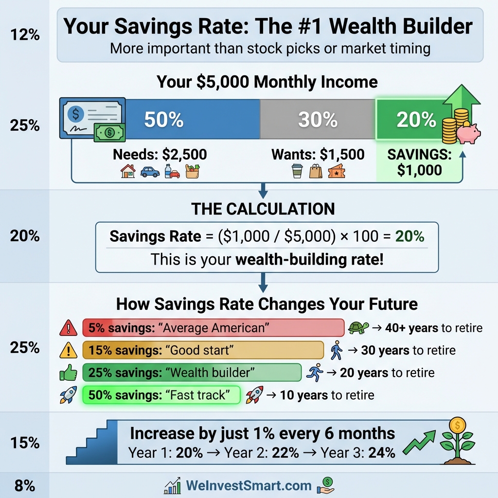 Savings rate visualization showing how different savings rates (5%, 15%, 25%, 50%) impact years to retirement, with calculation formula and 50/30/20 budget breakdown