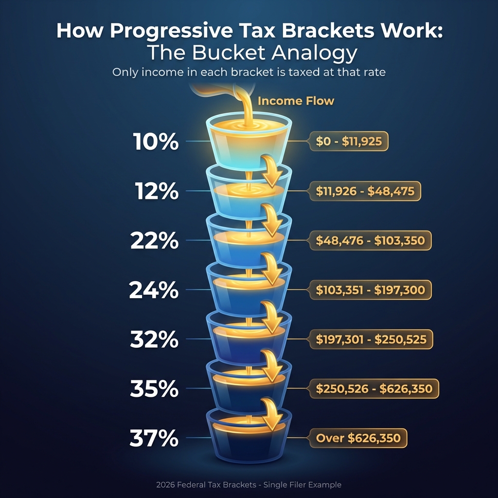 Visual diagram showing how progressive tax brackets work like stacked buckets, with income flowing from one bucket to the next
