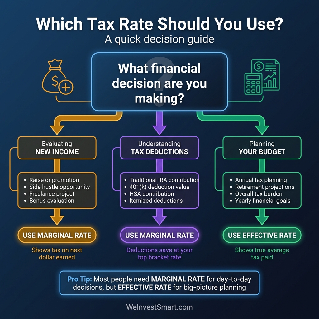 Decision tree flowchart showing when to use marginal rate vs effective rate for different financial decisions