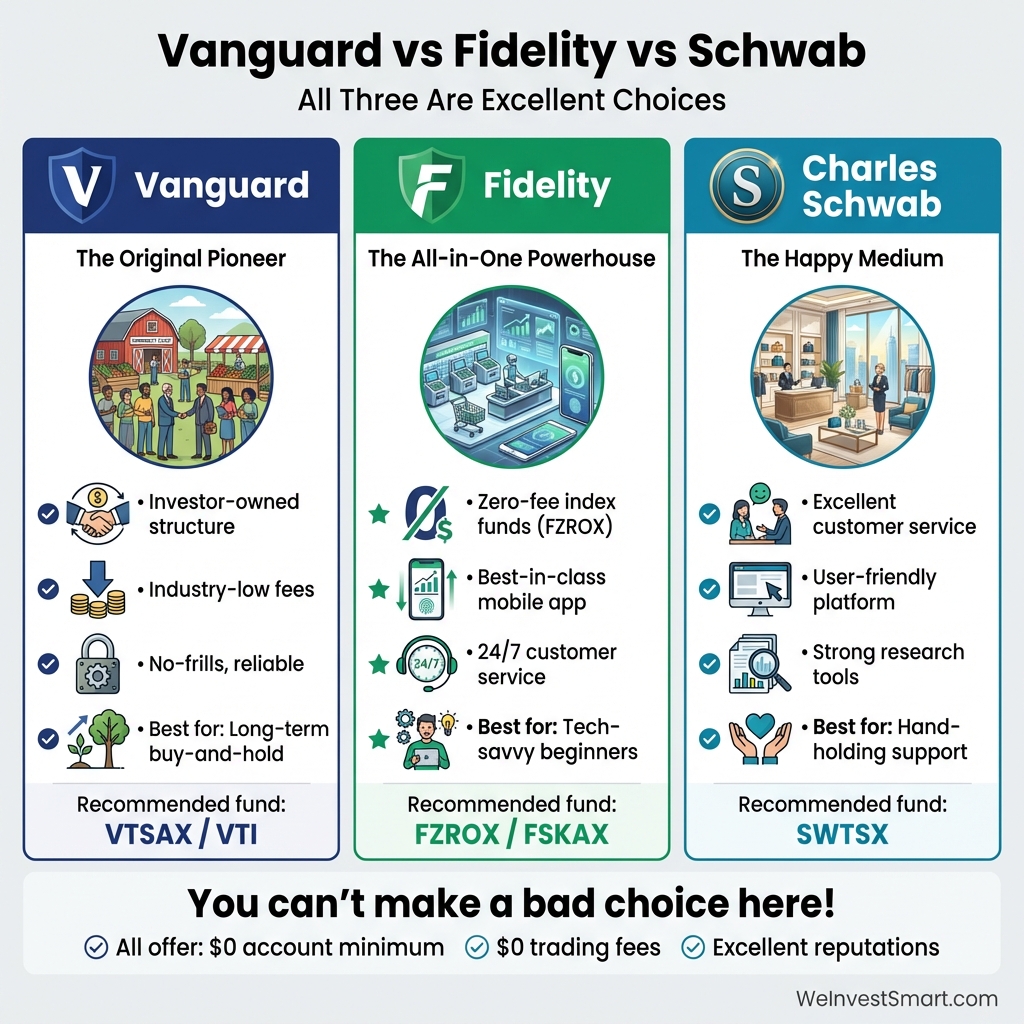 Comparison infographic showing Vanguard vs Fidelity vs Charles Schwab for opening a Roth IRA - all three offer excellent features for beginner investors